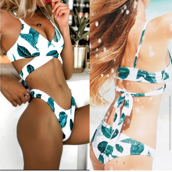 CUPSHE Fresh Leaves 2 Piece Bikini Wrap White & Green - Picture 3 of 6